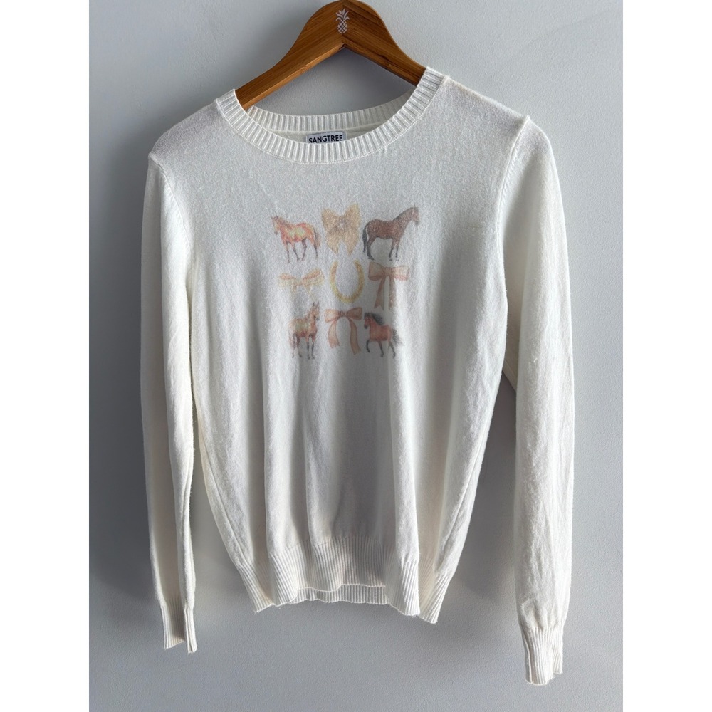 Sangtree Horse Bow Graphic Sweater White Knit Preppy Equestrian Top Small